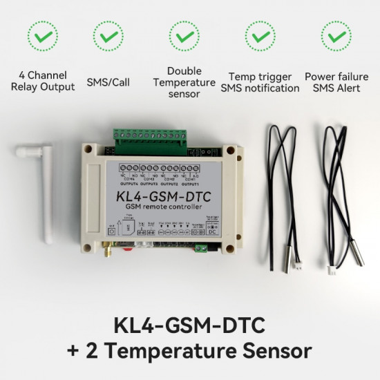 appareil controle a distance et alarme température 4 sorties et deux entrées de sonde KL4-GSM-DTC